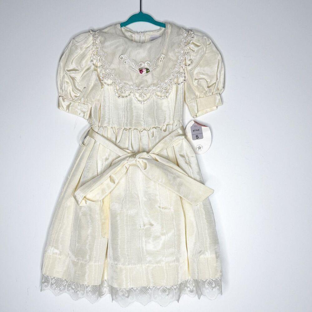 New Vintage Little Miss Ivory Lace Formal Wedding Flower Girl Dress Girls Size 5
